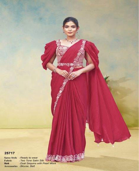 Women's Ready to Wear Two Tone Satin Silk Saree with Dual Sequins and Pearl Work | Gajari