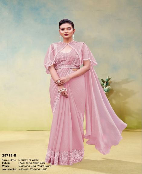 Women's Ready to Wear Two Tone Satin Silk Saree with Sequins and Pearl Work | Pink