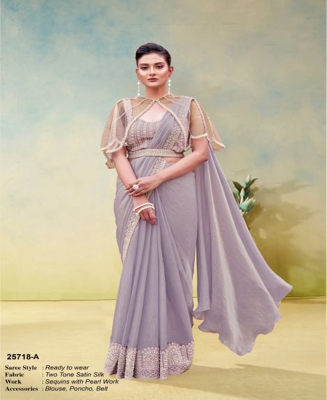 Women's Two Tone Satin Silk Ready to Wear Saree with Sequins and Pearl Work | Lovender