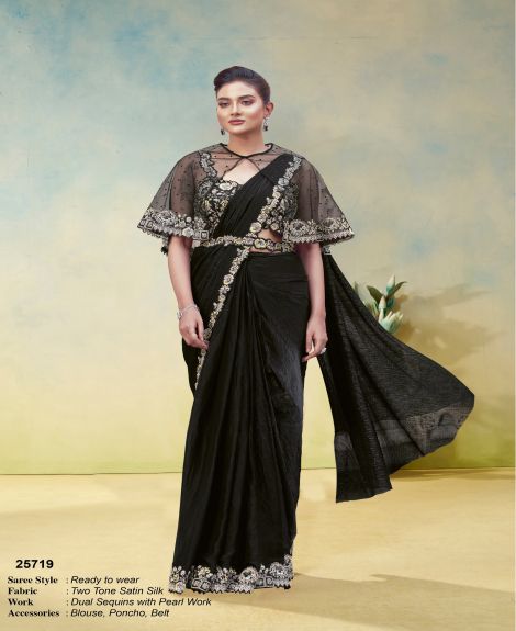 Women's Ready to Wear Two Tone Satin Silk Saree with Dual Sequins and Pearl Work | Black