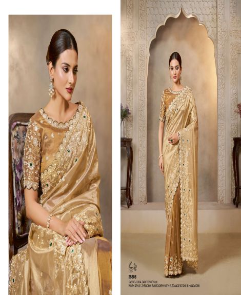Women's Cora Zari Tissue Silk Saree with Zardoshi Embroidery and Stone Work | Golden