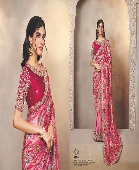 Women's Embroidered Silk Saree with Multi Stone Handwork | Rani