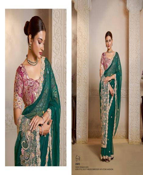 Women's Organza Satin Saree with Multi-Thread Embroidery and Stone Handwork | Peacock Green