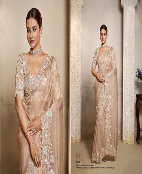 Women's Organza Crush Satin Saree with Dual Sequence Embroidery and Stone Handwork | Dusty Peach