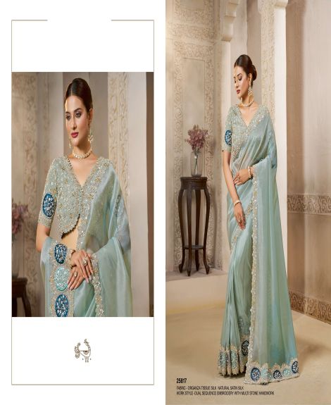 Women's Organza Tissue Silk Saree with Dual Sequence Embroidery and Multi Stone Handwork | Light Grey