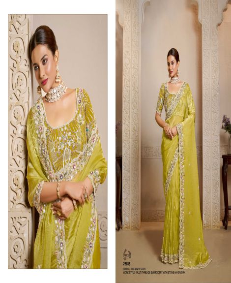 Women's Organza Satin Saree with Multi-Thread Embroidery and Stone Handwork | Yellow