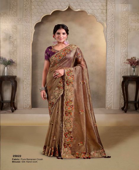 Women's Pure Banarasi Crush Saree with Silk Hand Work Blouse | Wine