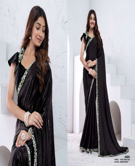 Women's Pure Crepe Silk Embroidered Saree | Black