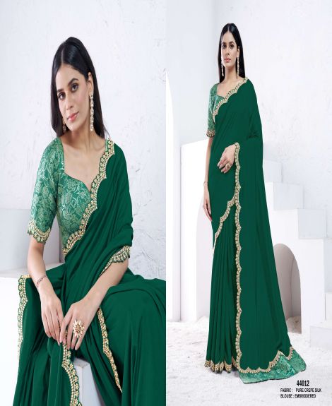 Women's Embroidered Pure Crepe Silk Saree | Green