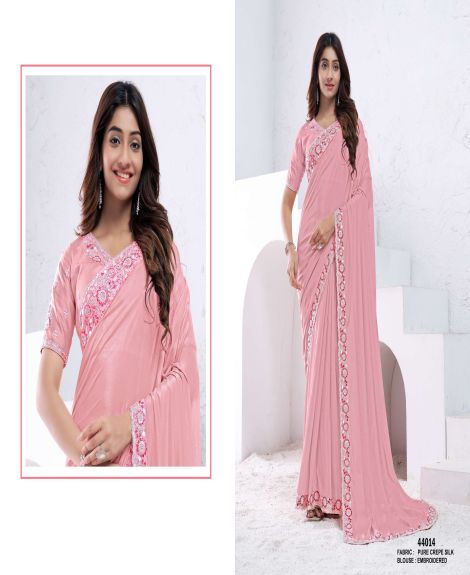 Women's Embroidered Pure Crepe Silk Saree | Light Pink