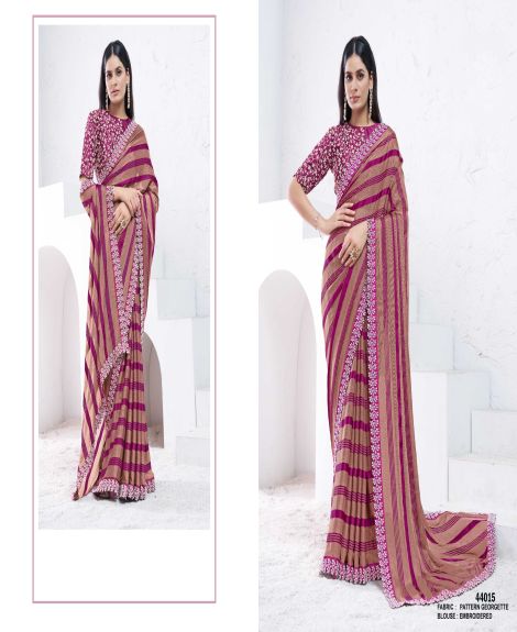 Women's Striped Pattern Georgette Saree with Embroidered Blouse | Brown & Purple