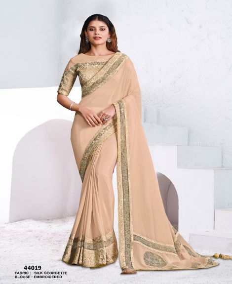Women's Silk Georgette Saree with Embroidered Blouse | Beige