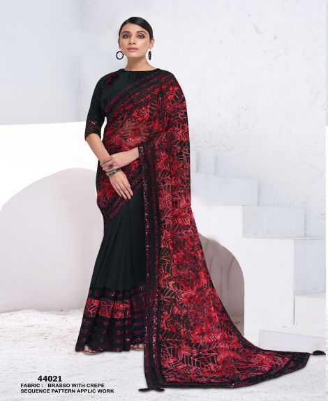 Women's Brasso with Crepe Saree with Net Fabric | Black & Red