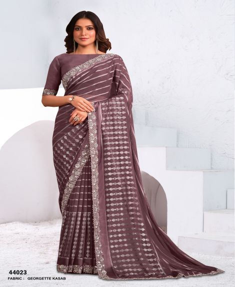 Women's Georgette Kasab Saree with Embroidered Border | Dark Mauve