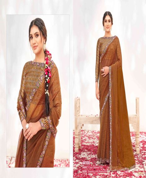 Women's Crepe Shimmer Silk Saree with Brocade Jacquard Blouse | Rust