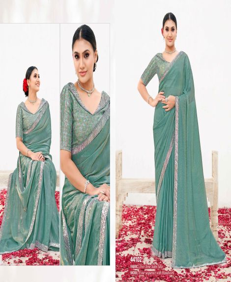 Women's Two Tone Satin Silk Saree with Brocade Jacquard Blouse | Sea Green