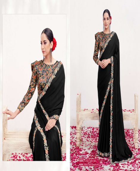 Women's Floral Embroidered Crepe Satin Silk Saree | Black