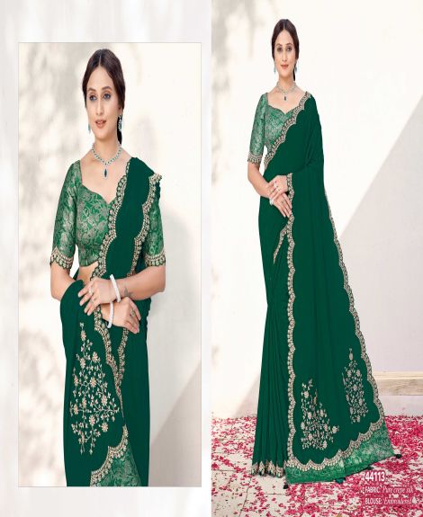 Women's Embroidered Pure Crepe Silk Saree | Green
