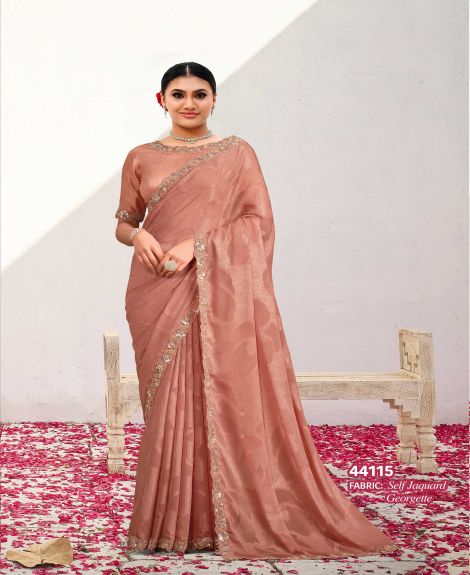 Women's Self Jaquard Georgette Saree with Banglori Silk Blouse | Peach