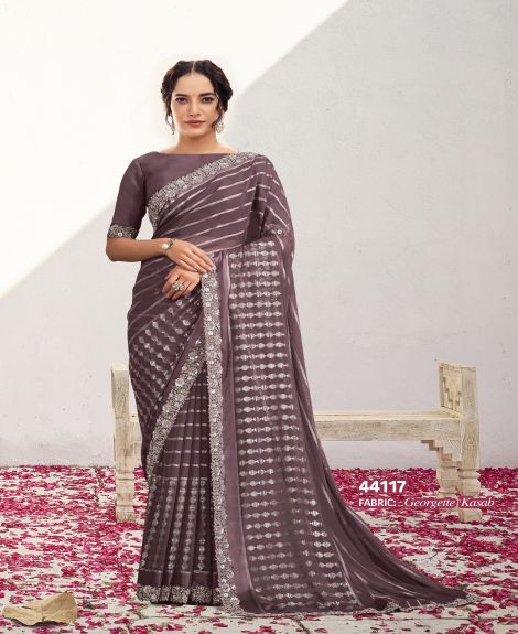 Women's Georgette Kasab Saree with Embroidered Border | Lavender