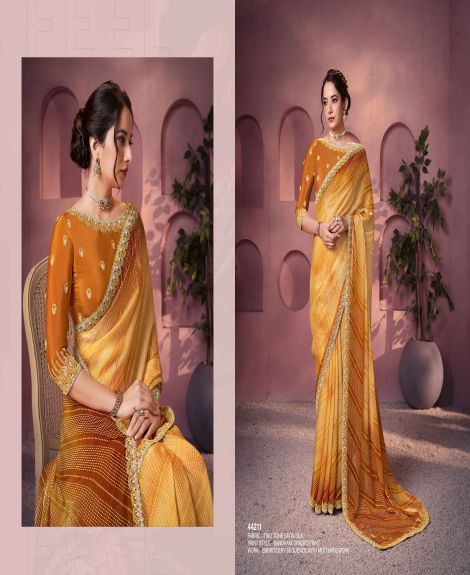 Women's Bandhani Print Satin Silk Saree with Embroidery Details | Yellow