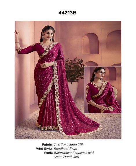 Women's Two Tone Satin Silk Saree with Embroidery and Stone Work | Rani