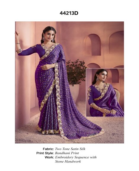 Women's Embroidered Satin Silk Saree with Banarasi Print | Purple