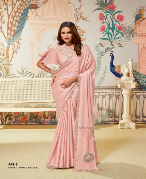 Women's Embroidered Crepe Satin Silk Saree | Peach