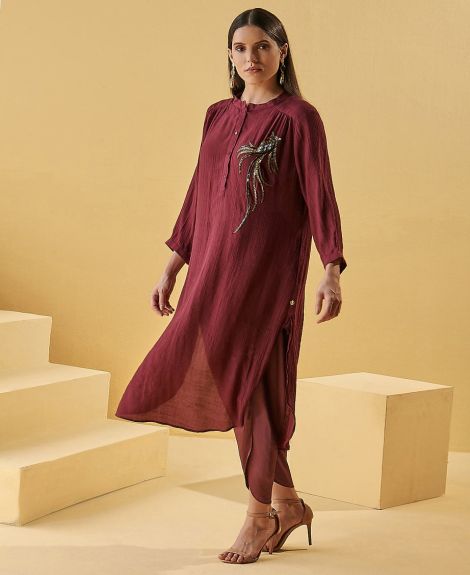 WINE PEACOCK GATHERED TUNIC