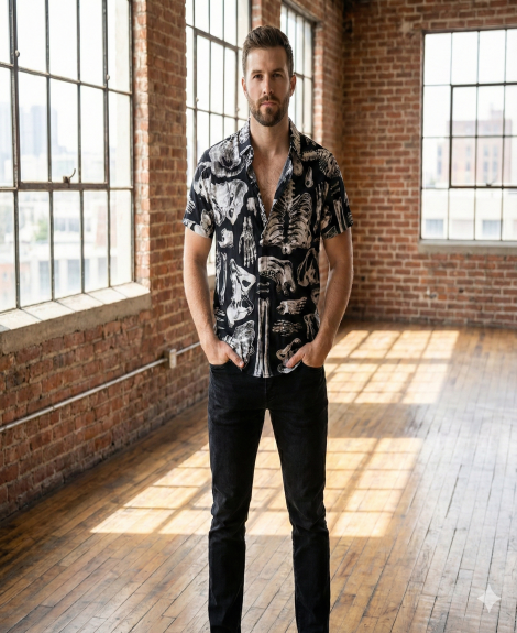 Skeleton Anatomy Allover Print Woven Button-Up MEN'S SHIRT