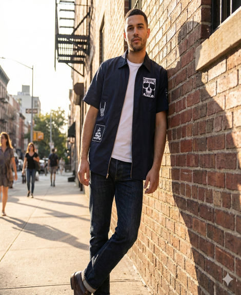 Skull Patch Zip-Up Woven Shirt MEN'S SHIRT - Black & White