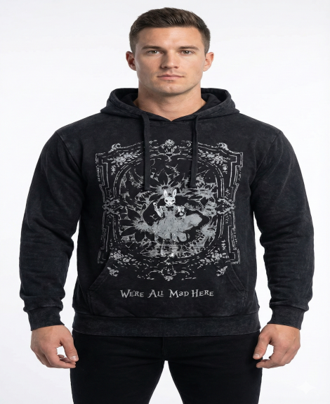 "We're All Mad Here" Acid Wash Graphic Hoodie - Black/Gothic Rabbit Print