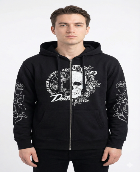 "Forever & Never" Skull & Rose Zip-Up Men's Hoodie - Black