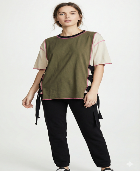 Women's Olive & Cream Colorblock Lace-Up Top with Contrast Stitching