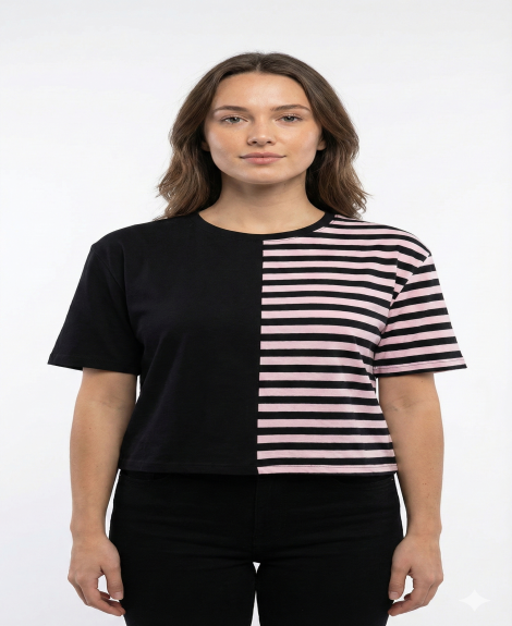 Women's Two-Tone Spliced Crop Tee - Black & Pink Stripe Split Top