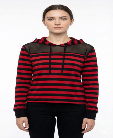 Women's Red & Black Striped Crop Hoodie - Two-Tone Grunge Pullover