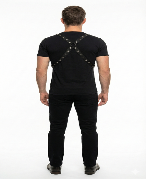 Men's Black T-Shirt with Grommet Harness Strap Detail