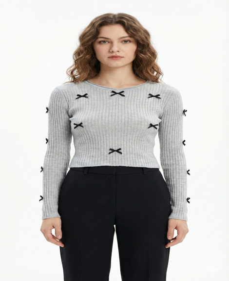 Women's Grey Ribbed Knit Top with Black Ribbon Bow Details
