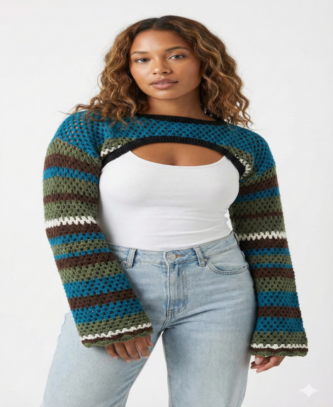 Thorn & Fable Blue & Green Stripe Knit Girls Crop Shrug Plus Size