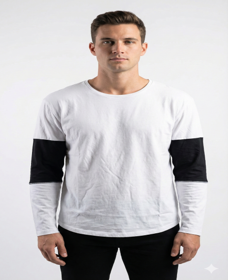 Men's White Long Sleeve Tee with Black Sleeve Panels