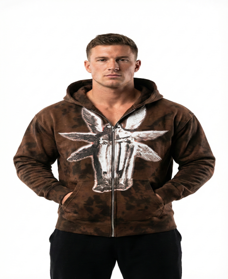 Men's Brown Tie-Dye Zip-Up Hoodie with Winged Statue Graphic