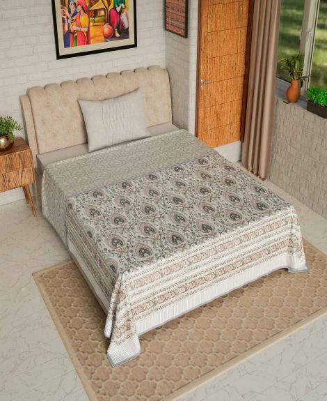 Jaipur Dohar Orange Grey Floral S 100% Cotton Hand Block Printed Single Bed Mulmul Dohar