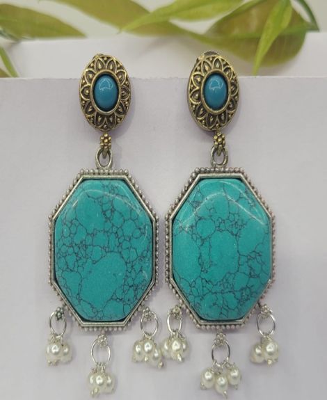 Brass Silver Oxidised Turq Doul Tone Earring