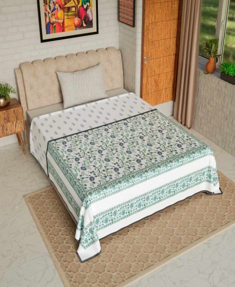Jaipur Dohar Blue Green Floral D 100% Cotton Hand Block Printed Double Bed Mulmul Dohar