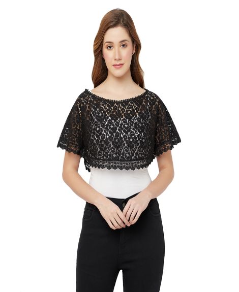 ESPRESSO Women Cropped Flower Lace Cotton Blend Round Neck Shrug