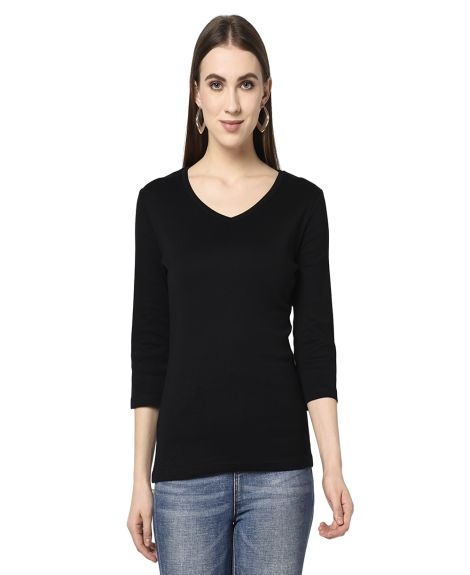 ESPRESSO Women 3/4Th Sleeve V Neck 1X1 Rib T-Shirt