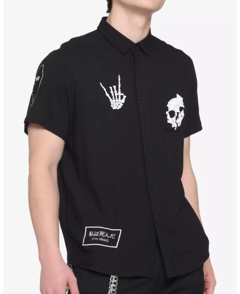 Skeleton Patches Black Woven Button-Up - S