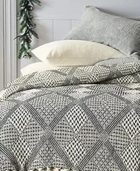 SASHAA WORLD Unique Geometric Throw Bedcover | Throw Bedspreads, Perfect for Lounging, Cotton Bedsheet | Black/Grey Bedcover | 80 x 60 inch