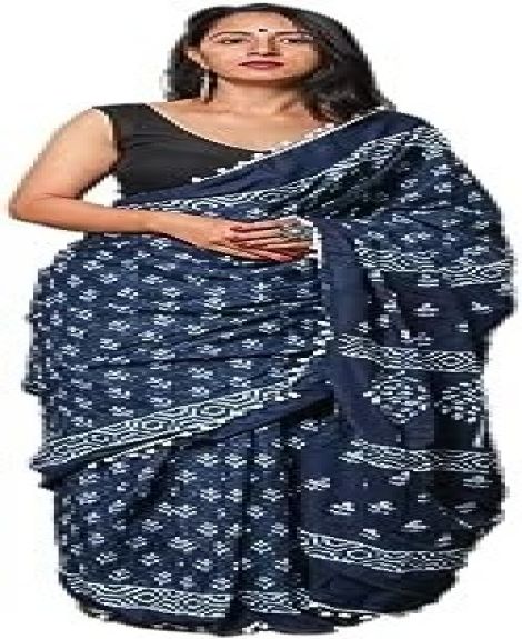 Indigo Print Cotton Mulmul Saree for Women Attached Blouse Piece (indigo)