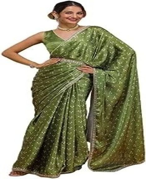 Women's Foil Printed Lace Tassel Chinon Chiffon Saree with Unstitched Blouse